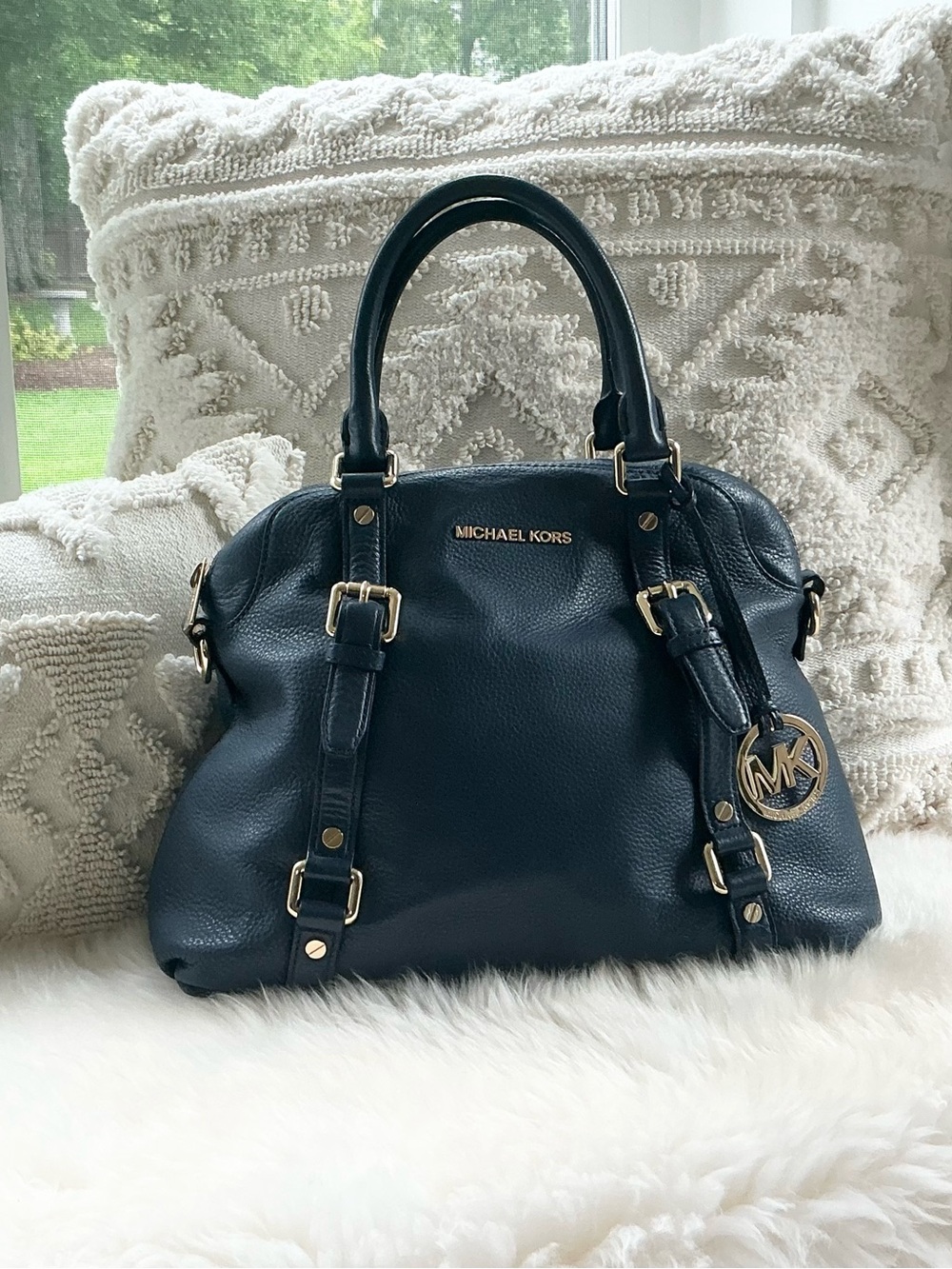 Michael Kors Navy Pebbled Leather Satchel with Gold Hardware